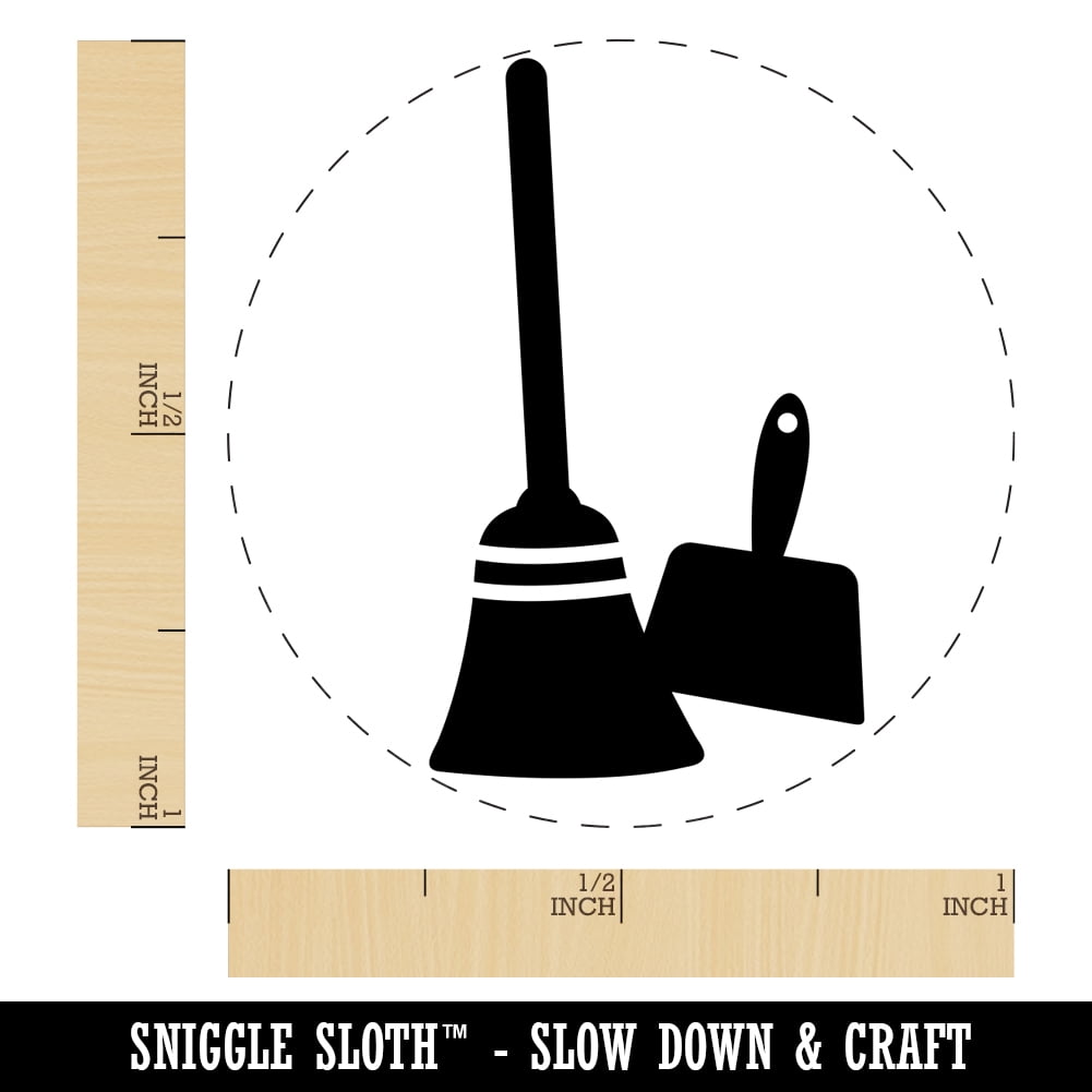 Broom and Dustpan Cleaning Self-Inking Rubber Stamp Ink Stamper - Pink Ink - Medium 1 Inch