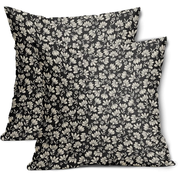 Black Brown Daisy Floral Block Print Pillow Covers 20X20 Inch Vintage Flowers Decorative Square Pillow Cases Set of 2 Farmhouse Home Decor Cotton Linen Throw Pillows For Sofa Couch Cushion Outdoor