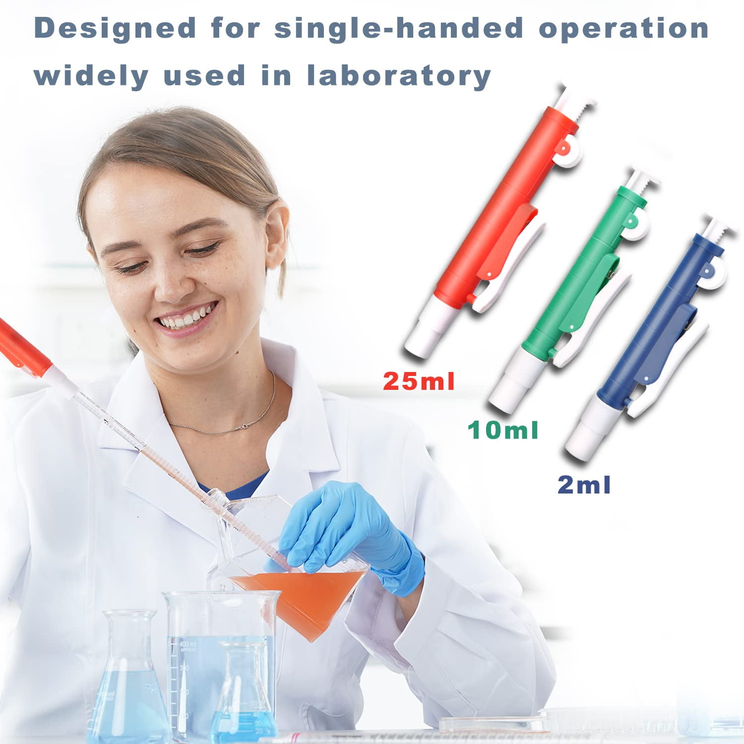 ABPETE  Pipette Pump，Set of 3 Lab Pipettes, 2ml Blue, 10ml Green, 25ml Red, Fit Plastic or Glass Pipettes.