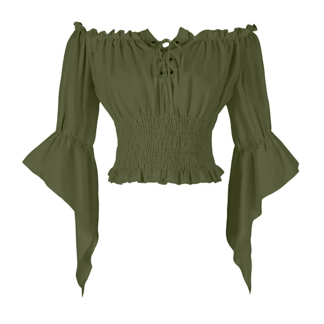 HongQid Womens Renaissance Peasant Blouse Off Shoulder Trumpet Sleeve Tops