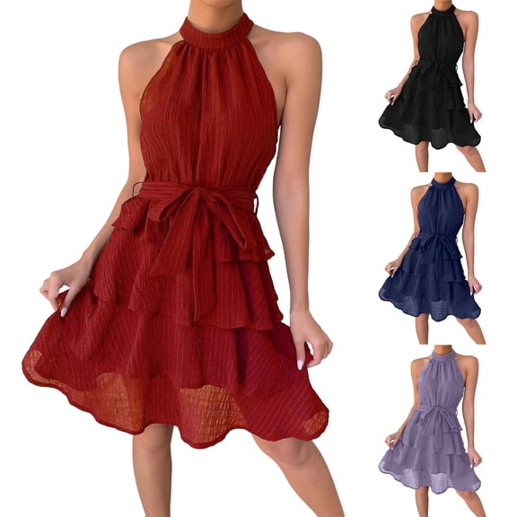Women's Casual Halter Zipped Sleeveless Solid Color Dress Layered Ruffle A Line Mini Dress with Drawstring Purple