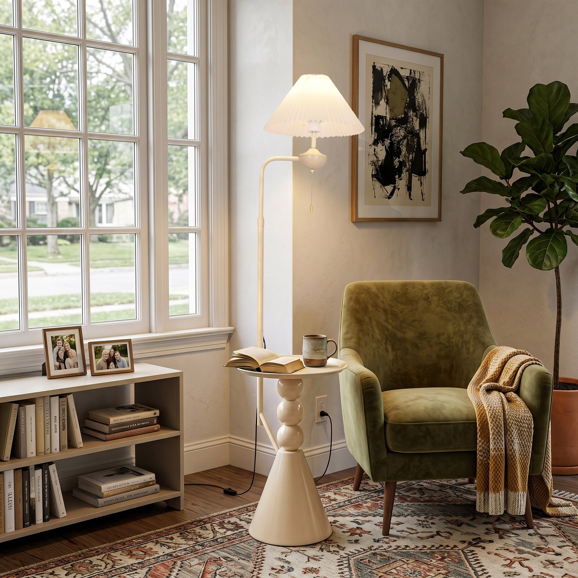 AFANQI15-inch Cream-colored Side Table Floor Lamp with Side Table Design; Suitable for Living Room, Bedroom, and Study; Nordic Minimalist Floor Lamp