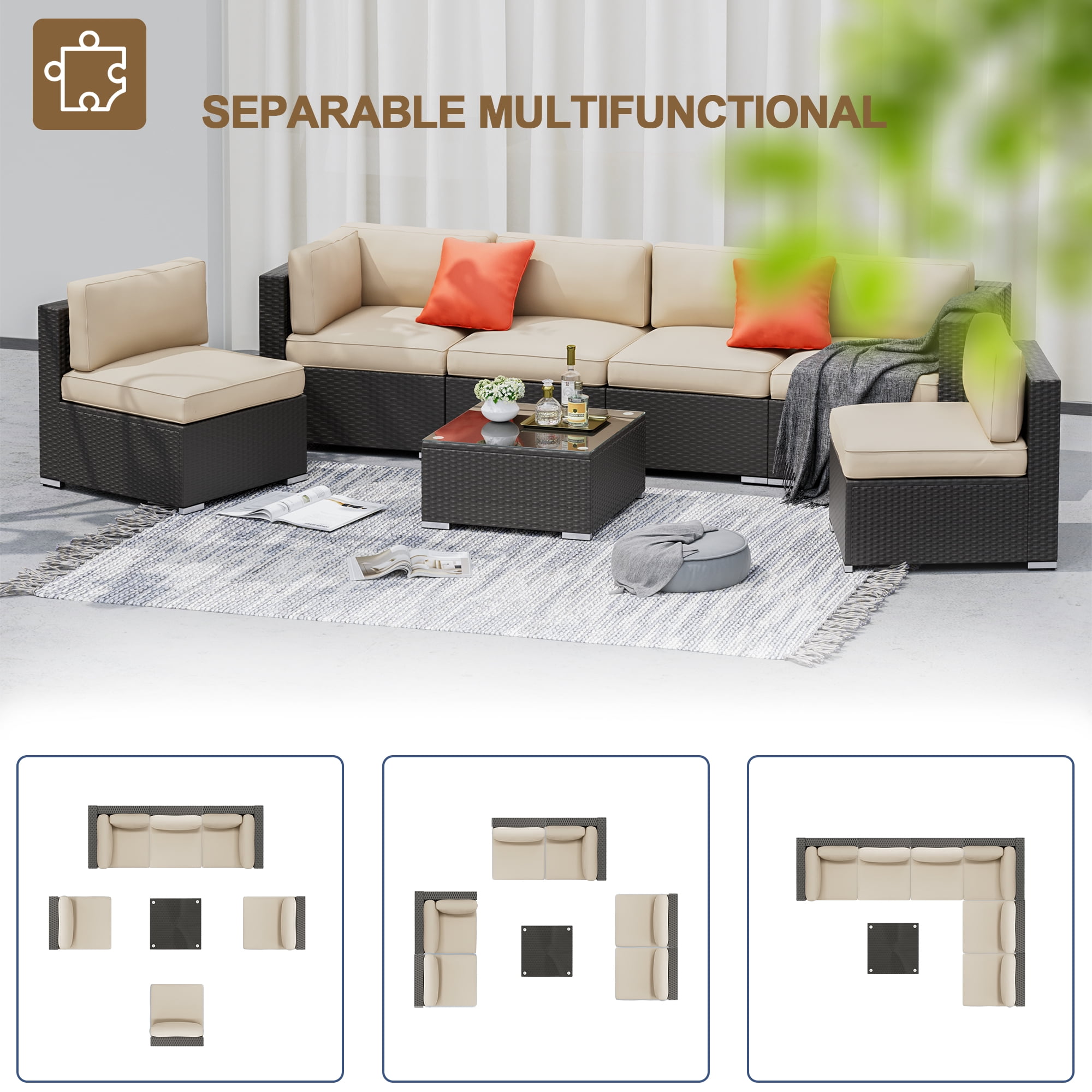 SUNCROWN 7-Piece Outdoor Patio Furniture Sofa Set All-Weather Black Wicker Sectional Conversation Set with Modern Glass Coffee Table and Cushions, Backyard, Garden, Deck, Brown