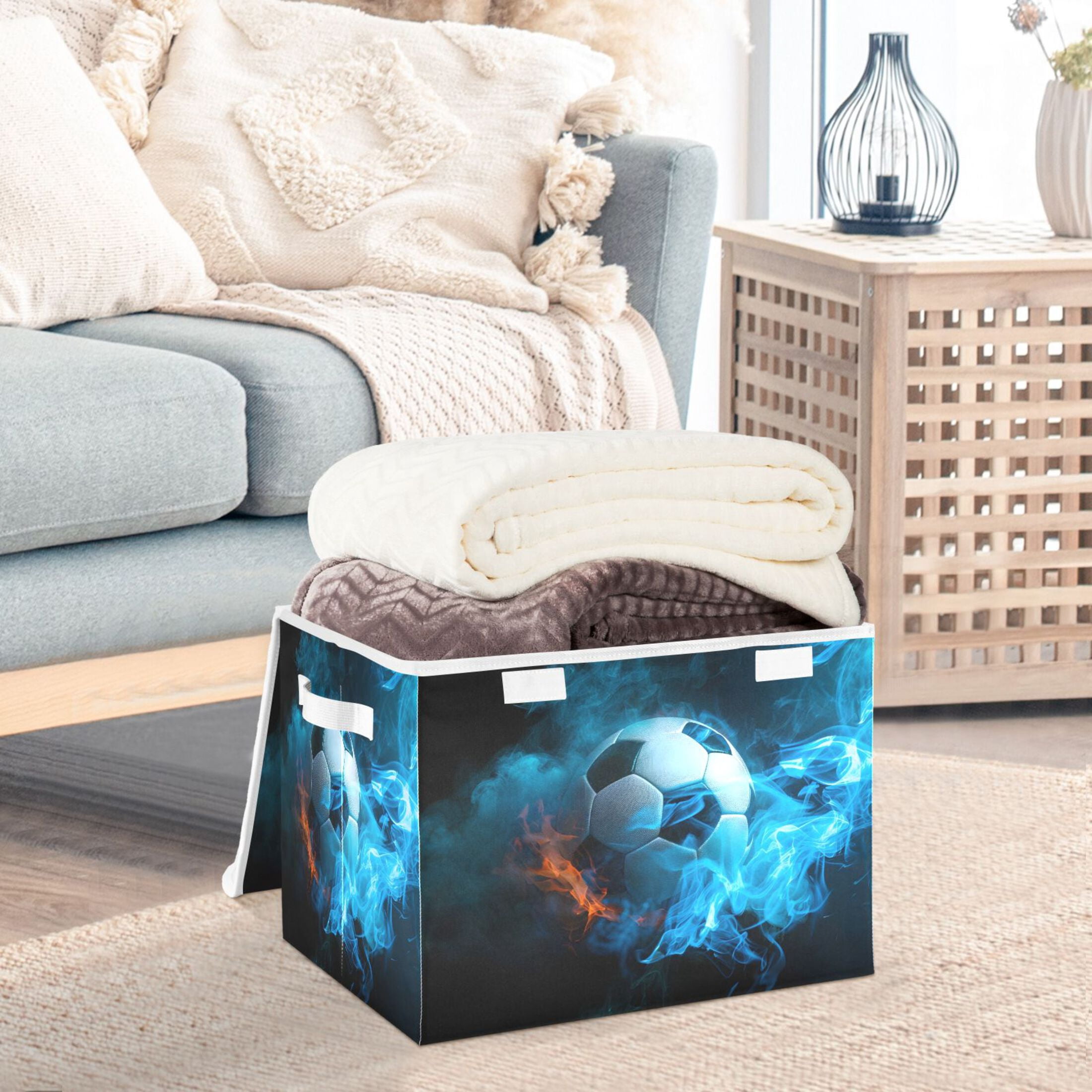 Ryvnso Soccer Ball with Fire Large Lidded Foldable Storage Baskets Cubes Boxes Lids Bin for Home