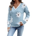 thumbnail image 3 of Female Oversized V Neck Fuzzy Sweaters Casual Loose Long Sleeve Chunky Knit Pullover Jumper Tops Light Blue XL, 3 of 9