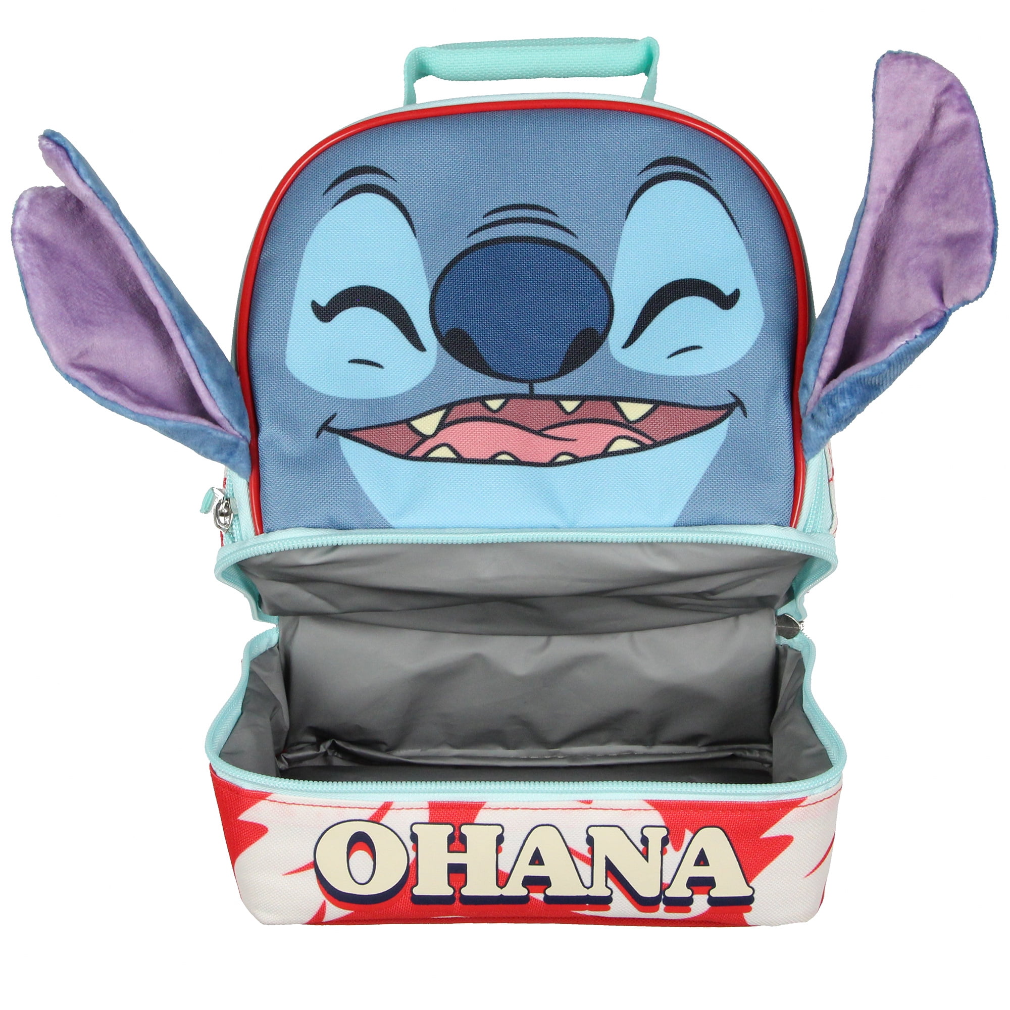 Disney Lilo and Stitch Lunch Box peek-A-Boo 3D Velvet Ears Ohana Dual-Compartment Insulated Lunch Bag 10"