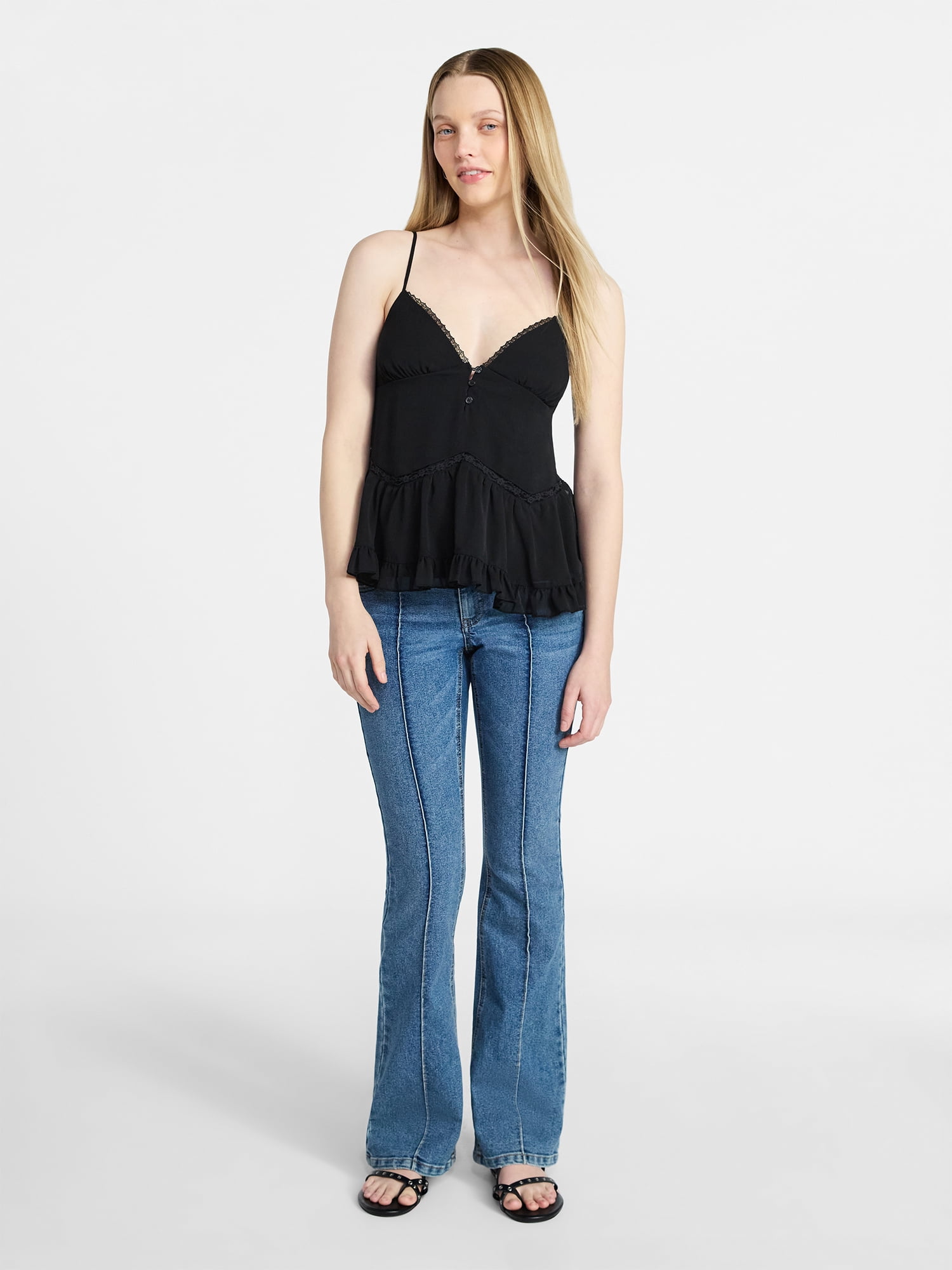 No Boundaries Button Front Ruffle Lace Trim Cami Top, Women's XXS-XXL