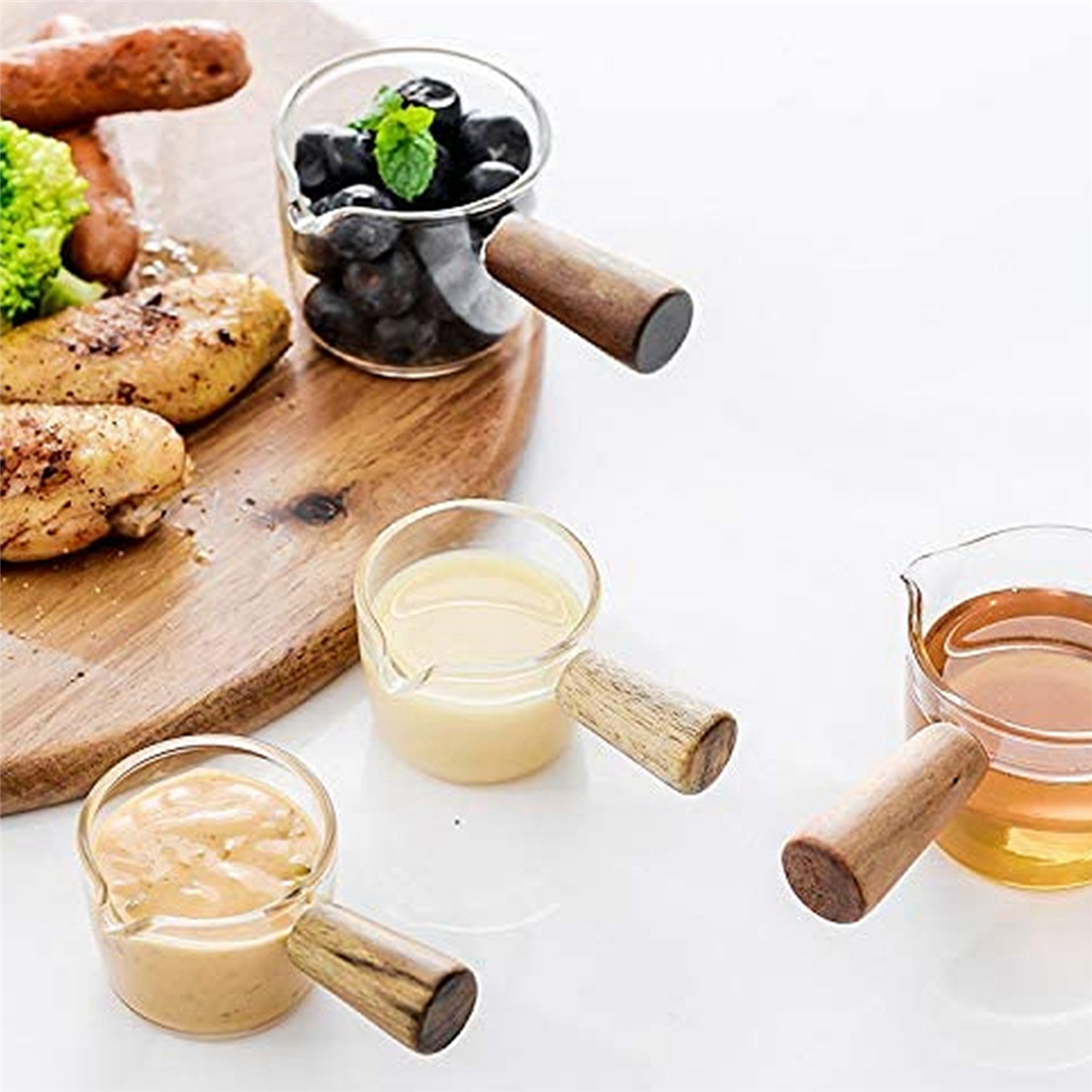 8PCS Transparent Glass Creamer with Wooden Handle, Mini Coffee Milk Creamer Pitcher. 50Ml
