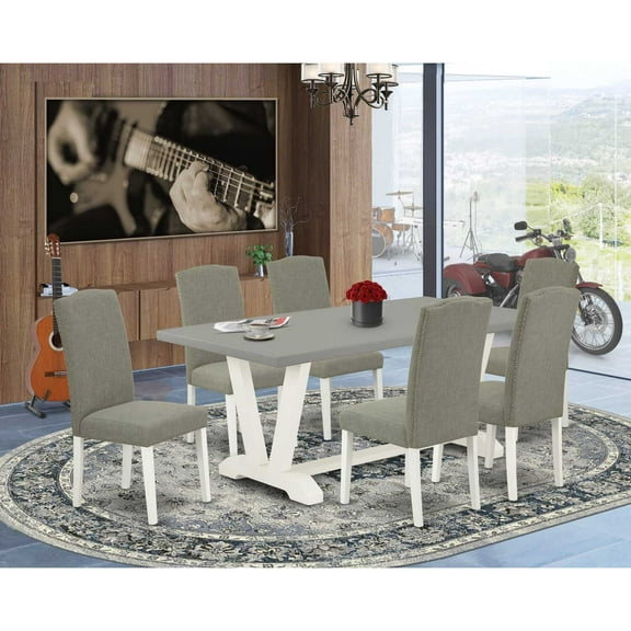 East West Furniture 7-Piece Fashionable Modern Dining Table Set a Great Cement Color Wood Dining Table Top and 6 Stunning Linen Fabric Dining Chairs with Nail Heads and Stylish Chair Back, Linen...