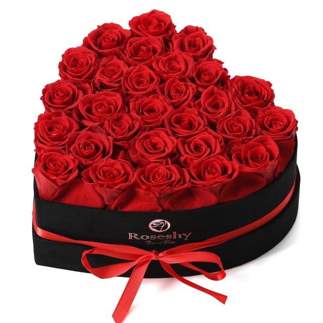 Rosas preservadas de color rojo rosado, 28 unidades en caja de regalo en forma de corazón