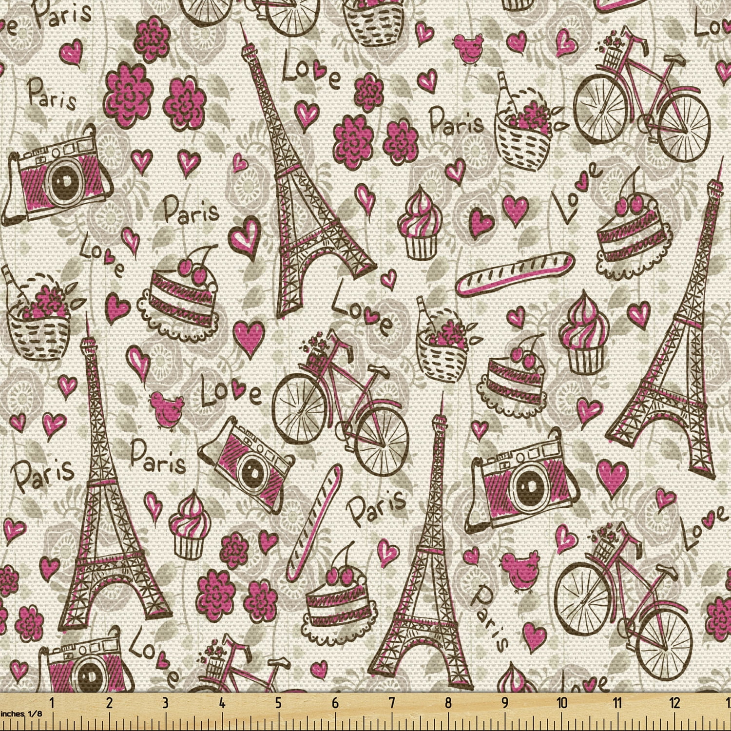 Romantic Upholstery Fabric by the Yard, Europe French Paris Themed Eiffel  Tower Bakery Letterings Hearts Art Print, Decorative Fabric for DIY and  Home Accents, 2 Yards, Magenta Cream by Ambesonne 