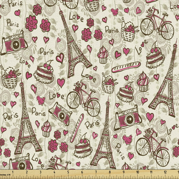 Romantic Upholstery Fabric by the Yard, Europe French Paris Themed Eiffel  Tower Bakery Letterings Hearts Art Print, Decorative Fabric for DIY and  Home Accents, 1 Yard, Magenta Cream by Ambesonne 
