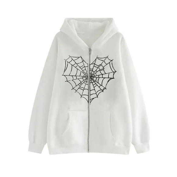 KHONTS,Men's Zip up Y2k Spider Web Heart Hoodies Oversized Jackets Sweatshirts Goth Punk Hooded Jacket Streetwear White M