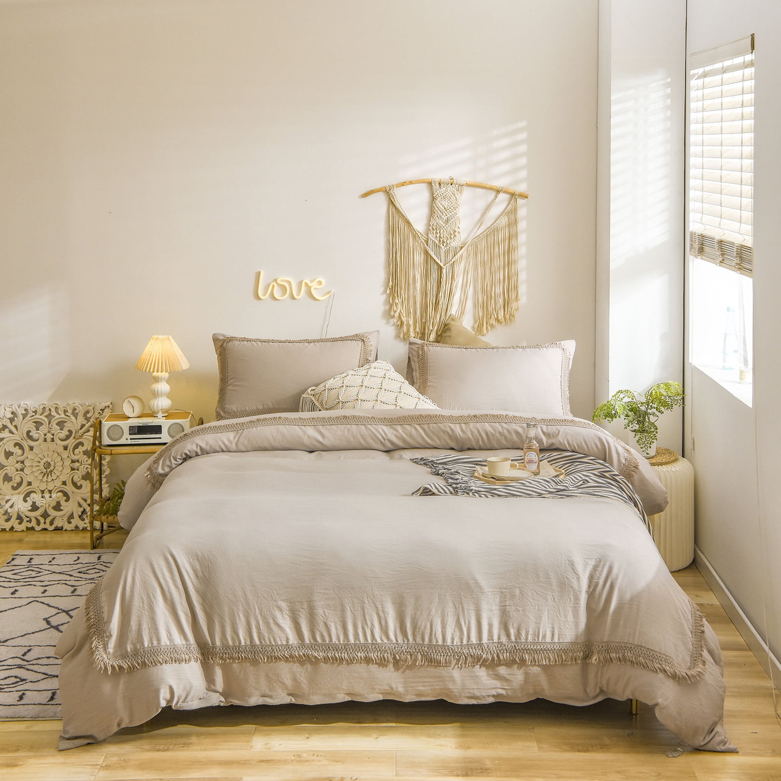 Move Over Taupe Bedding Set Boho Queen Hollow Square Grid Tassel Duvet Cover Set Solid Color Pattern Washed Microfiber No Filling