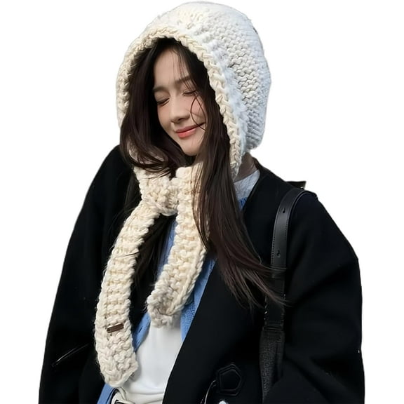 Hooded Scarf for Women – Knit Crochet Beanie Hat with Attached Scarf, Warm Wool Headwrap Winter Hood Cap