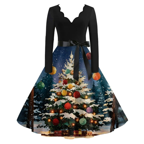 Women's Casual Fashion V Neck Long Sleeve Christmas Printed Party Vintage Dress for Holiday Events and Retro Style, Perfect for Women's Evening Wear,Navy,5XL