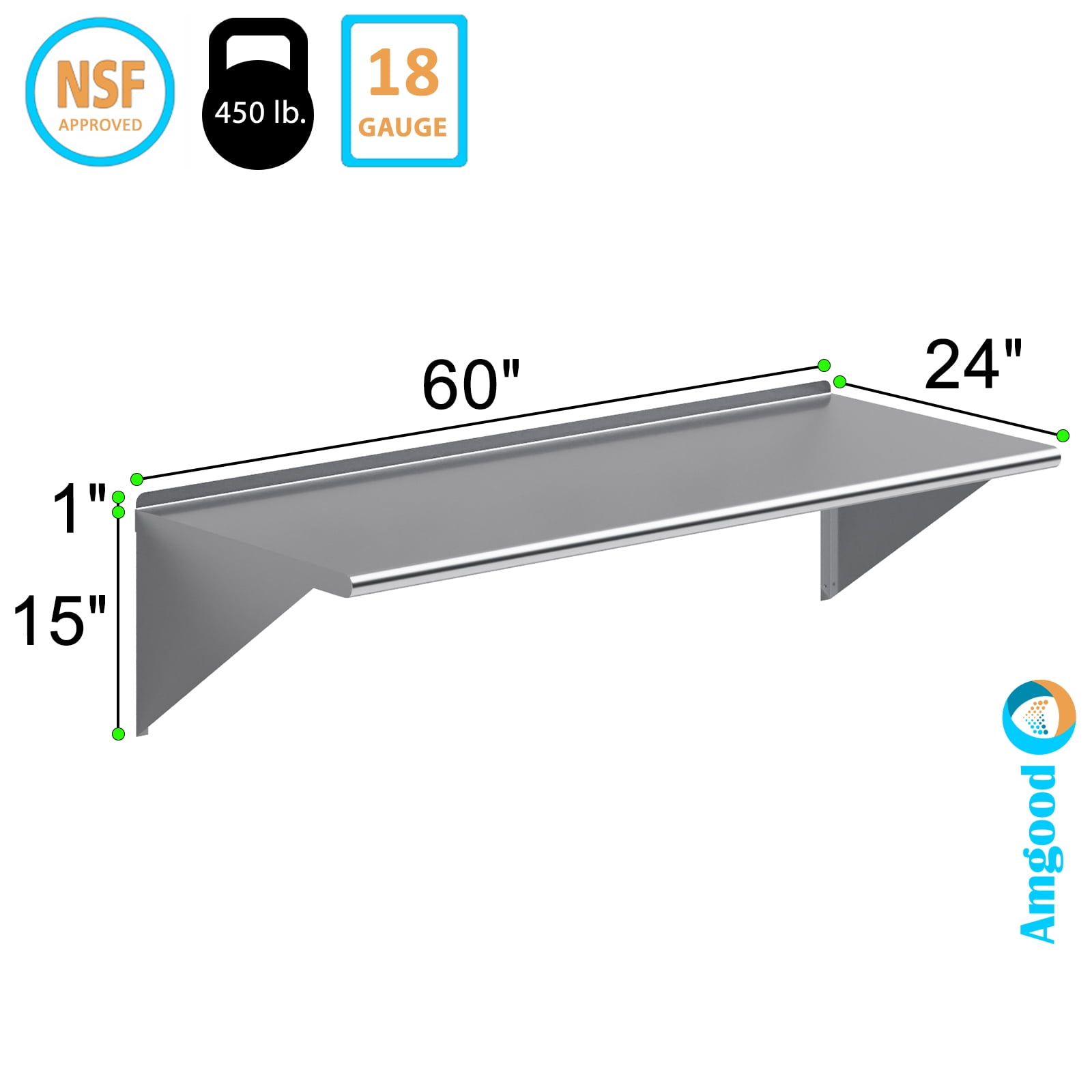 AmGood 24 in. x 60 in. Stainless Steel Wall Shelf | NSF Certified | Appliance & Equipment Metal Shelving | Kitchen, Restaurant, Garage, Laundry, Utility Room
