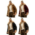 thumbnail image 3 of FOCUSNORM Men's Zip Up Leather Jacket Woolen Fleece Long Sleeve Contrast Color Pockets Lapel Neck Casual Coat, 3 of 9