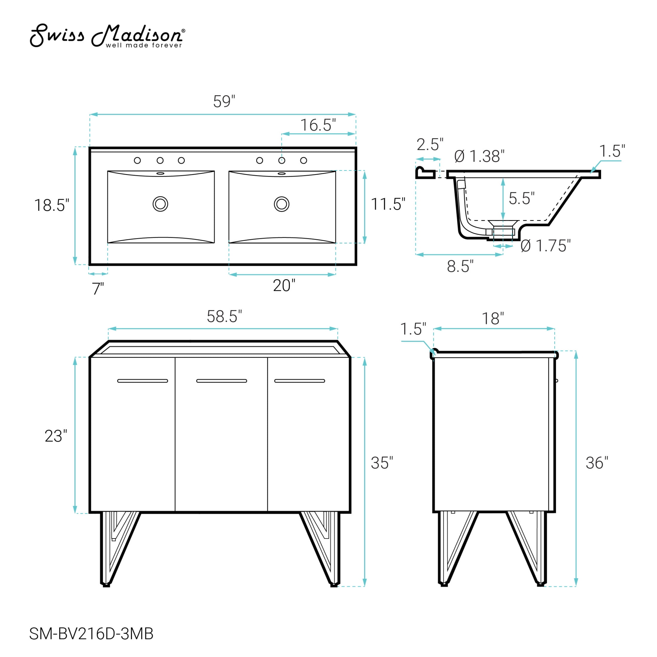Annecy 60 in. White, Double Basin Bathroom Vanity With Black, 3-Hole Artificial Stone Sink Top