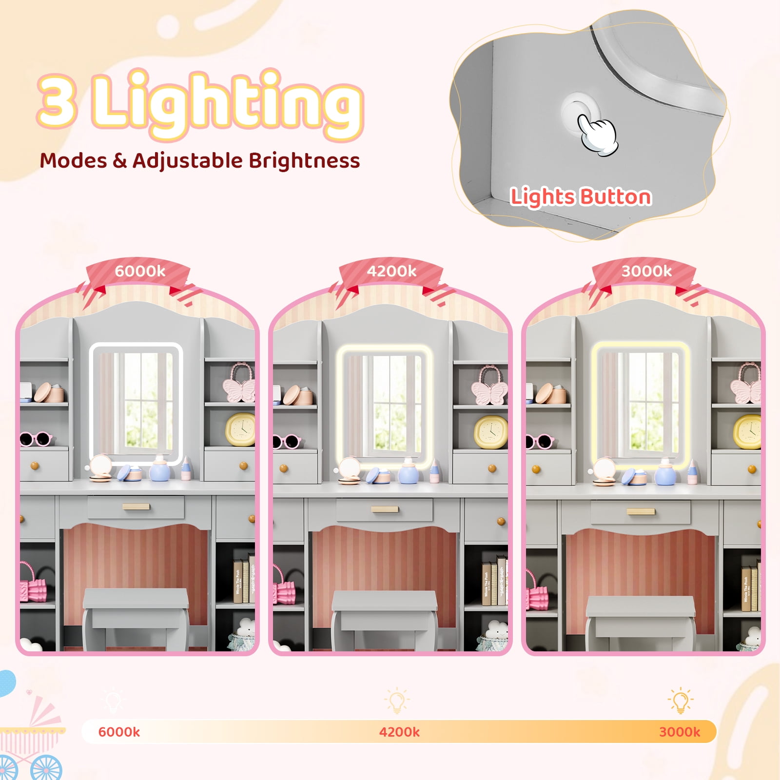 Pirecart Kids Vanity with 3 Color Lights, Girls Vanity Set with Mirror, Storage Drawer, Pretend Play Makeup Desk, with Detachable shelf, Gray