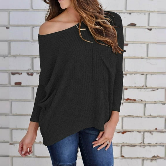 TODOZO Long Sleeve Shirts for Women Tunic Tops Casual Womens Summer Tops Womens Long Sleeve Knitted Sweaters Fall Basic Tees Off Shoulder Oversized Jumper Tops Loose Casual Blouse Tops Black L