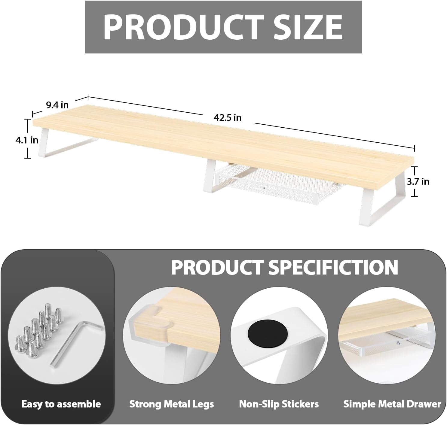 Dual Monitor Stand Riser with Drawer - Wood Monitor Shelf for 2 Monitors, Desk Organizer with Storage for PC Laptop Screen, Heavy Duty Metal Legs, Home Office Furniture (Oak)
