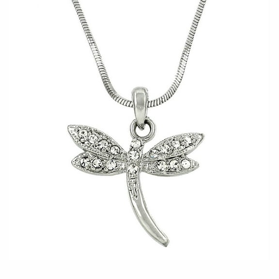 Dragonfly Pendant Necklace Rhinestone Crystal Rhodium Plated 17 Inch Snake Chain J0469-CR