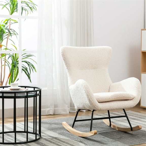 Living Room High Back Nursery Rocking Chair Padded Seat, Modern Teddy Fabric Accent Rocker Chair Recliner Chair with Armrests and Rubber Wood Legs, Upholstered Rocking Chair for Adults Kids, Beige