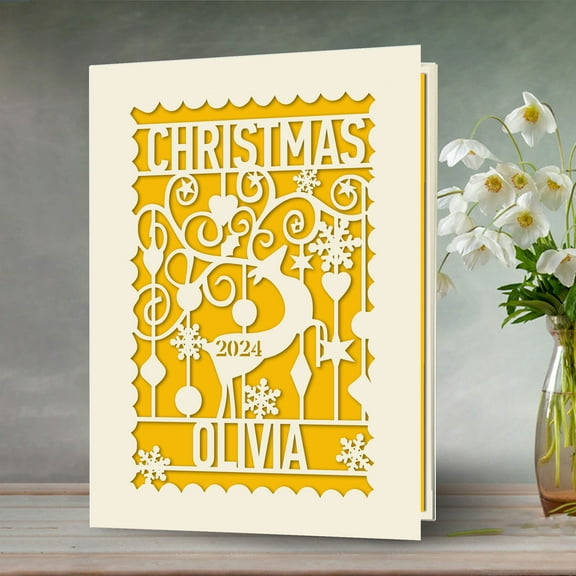 Personalized Christmas Card Papercut Reindeer Greeting Card Keepsake Gift for Daughter Son Grandson Granddaughter