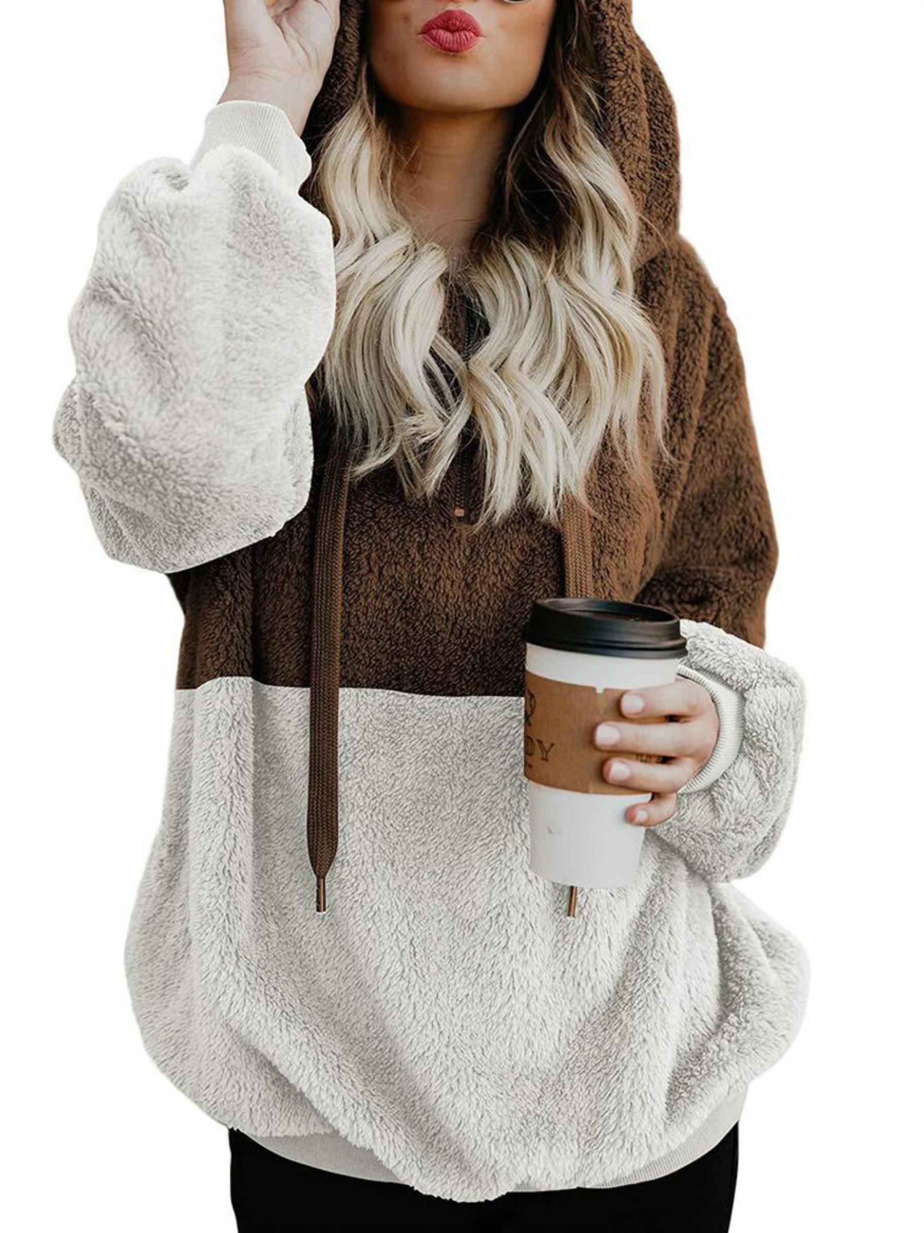 FAPIZI Womens Hoodies Autumn Winter Long Sleeve Drawstring Fuzzy Fleece Fluffy Warm Hooded Sweatshirts Pullover Tops 