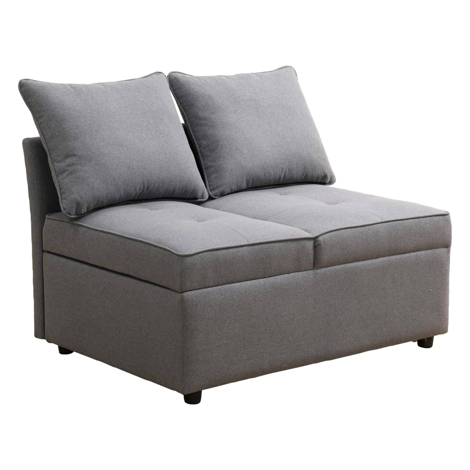 Convertible Ottoman Sofa with Storage, Modern Sackcloth Futon Couch with 2 Pillows or Home Living Room Dorms, Grey