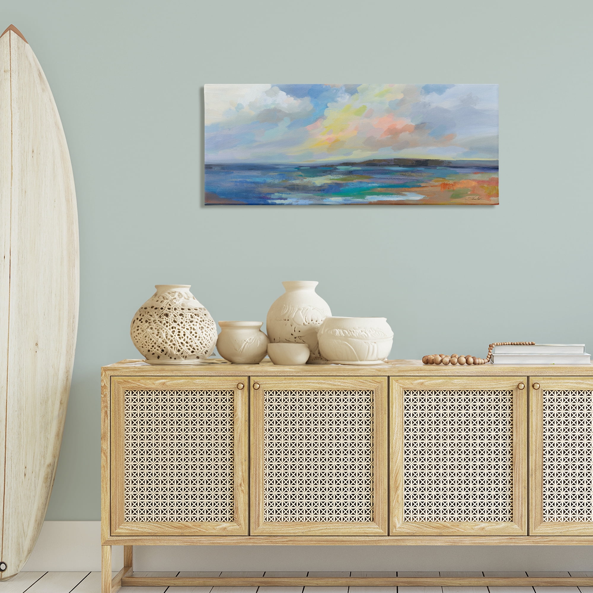 Stupell Industries Ocean Beach Sunset Landscape & Nature Painting Wrapped Canvas Art Print Wall Art, 48 x 20