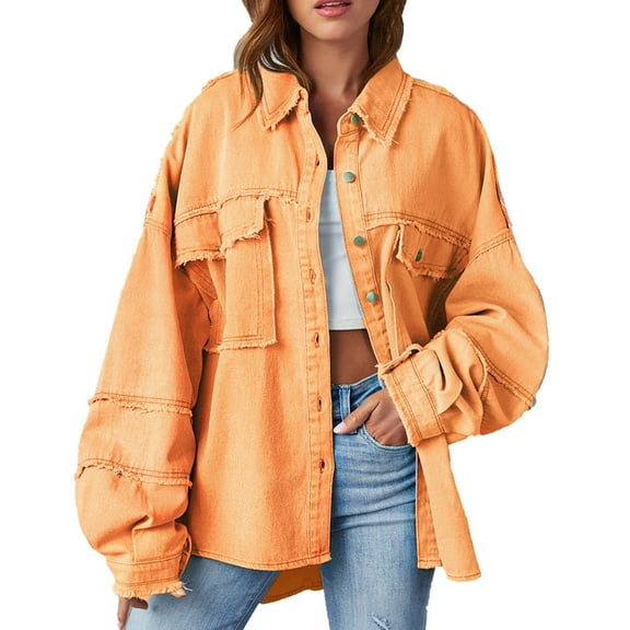 Niaviben Jean Jacket Women Long Denim Jacket Women Oversized Jean Jacket Womens Fall Jackets Women Casual Jackets for Women Jean Shirt Orange S