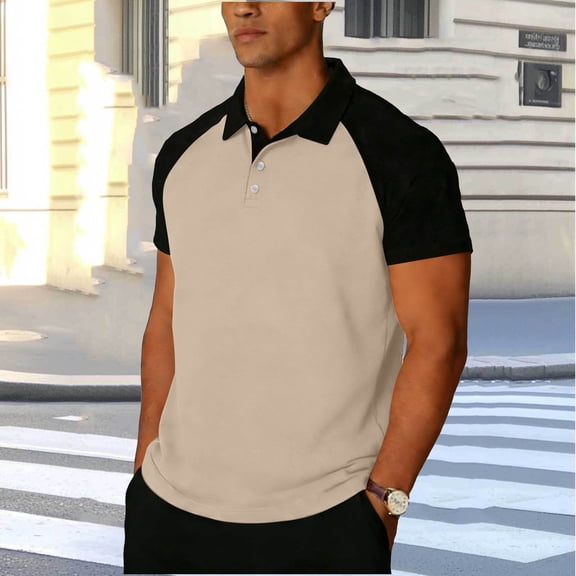 Fnooota Mens T Shirts, Short Sleeve Color Block Collared Casual Summer Tops Beige Size S-2XL