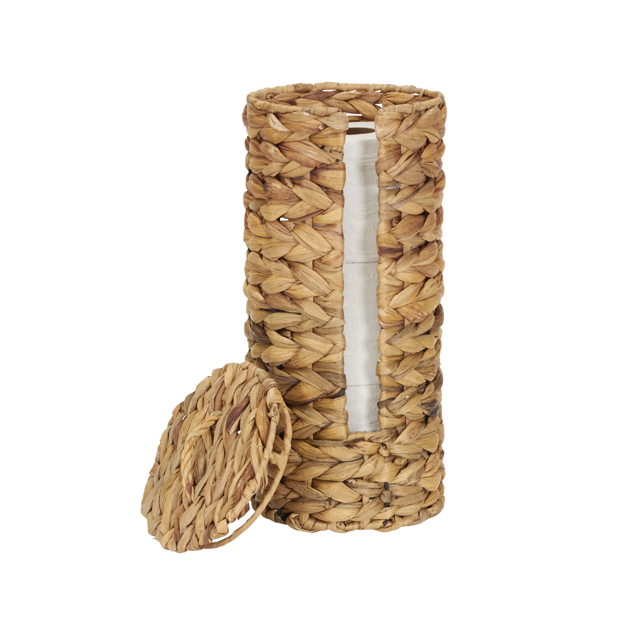 Household Essentials Wicker Toilet Paper Roll Holder, Handmade, Water Hyacinth Weave, Steel Frame, Removable Lid with Access Slot, and Eco-Friendly, Natural