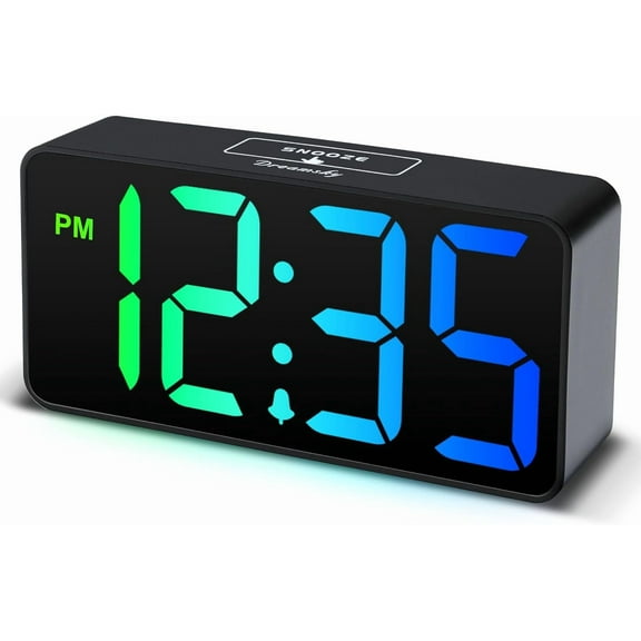 Small digital alarm clock for bedroom with large digital display and brightness adjuster, electric bedside table clock with USB charging port, adjustable alarm volume, USB-C adapter for power supply