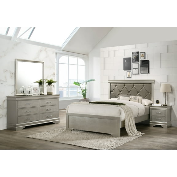 4 Piece Silver Finish Panel Bedroom Set Upholstered Button Tufted Headboard Queen Bed, Dresser, Mirror, Nightstand