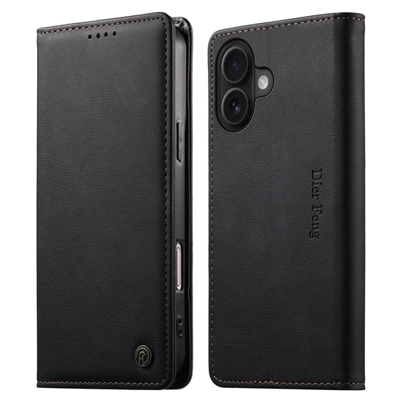 Leather Wallet Flip Case for [iPhone 16], RFID Blocking, Card Slots & Stand Black