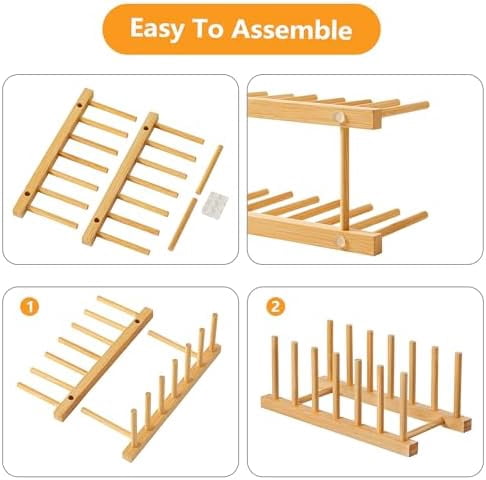 2pcs Bamboo Dish Plate Bowl Cup Book Pot Lid Cutting Board Drying Rack Stand Drainer Storage Holder Organizer Kitchen Cabinet（Keep Dry）