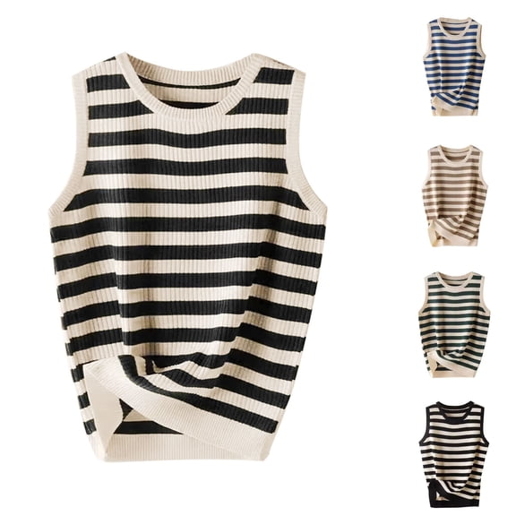 hoksml Women's Striped Knit Sweater Vest Sleeveless Round Neck Ribbed Knit Tank Tops for Casual Layering