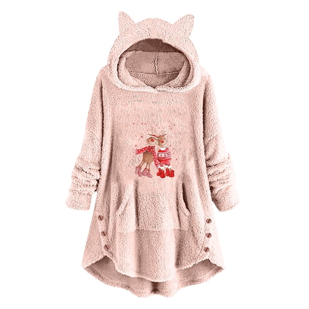 Abrigos de Invierno Para Mujer Abrigo de Piel Sintética Casual Estampado Navideño Botones de Felpa Manga Larga Abrigo de Felpa Con Capucha Top Odeerbi ODB174717