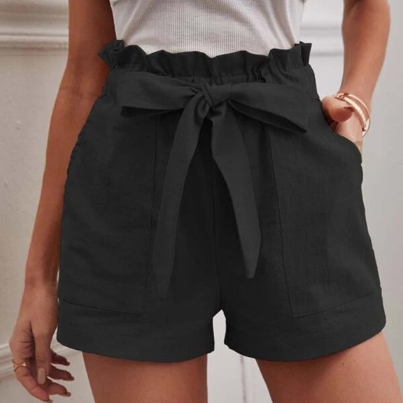Shorts for Women Clearance!Yanyanz Women Casual Shorts Comfy Elastic Waist Summer with Pockets Cotton and Linen Wide Leg Shorts Wide Leg Pants Woman Lounge Pants Women Black L