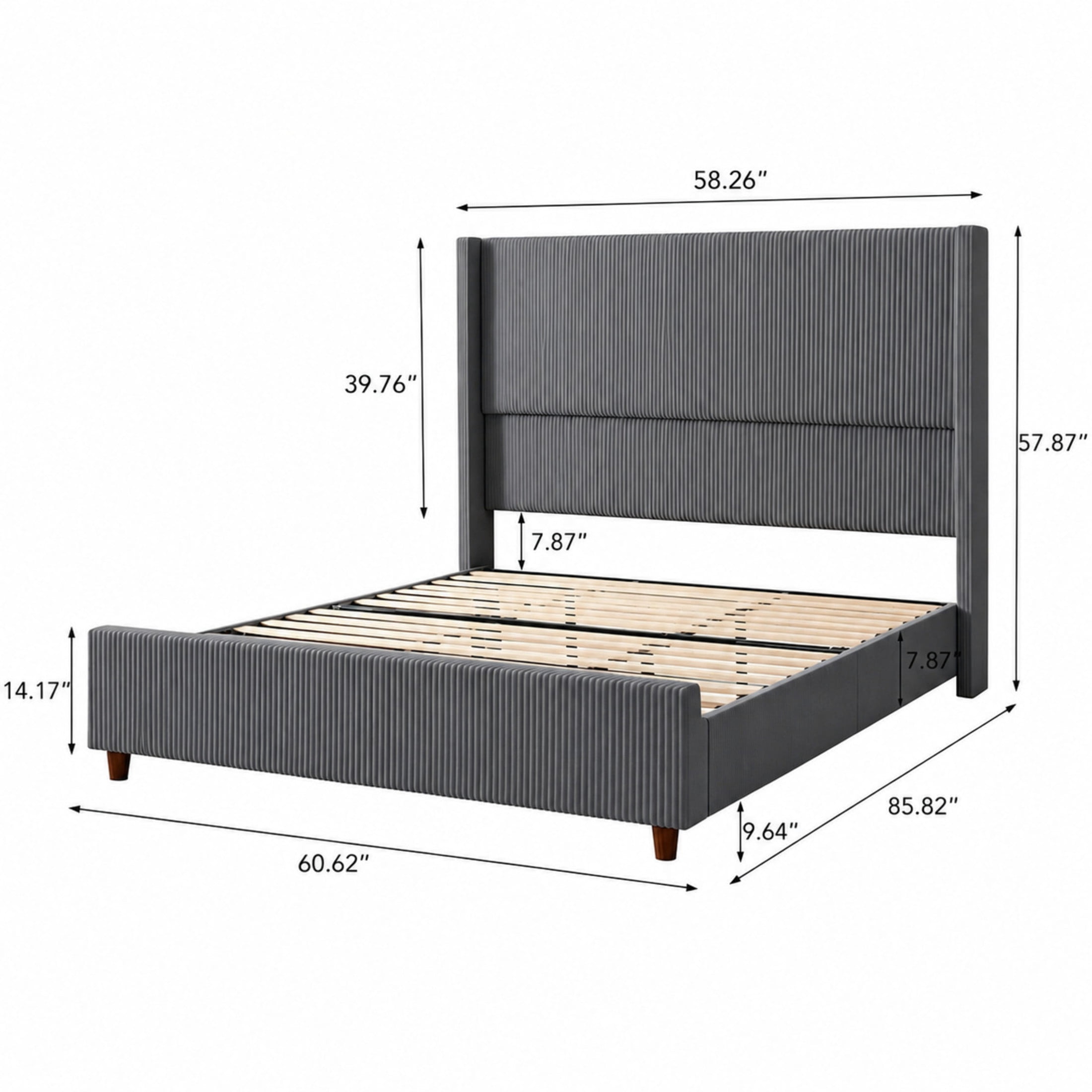 Noble House Abriele Queen Size Corduroy Upholstered Wingback Bed Frame with Solid Wood Legs & Center Support, Dark Gray