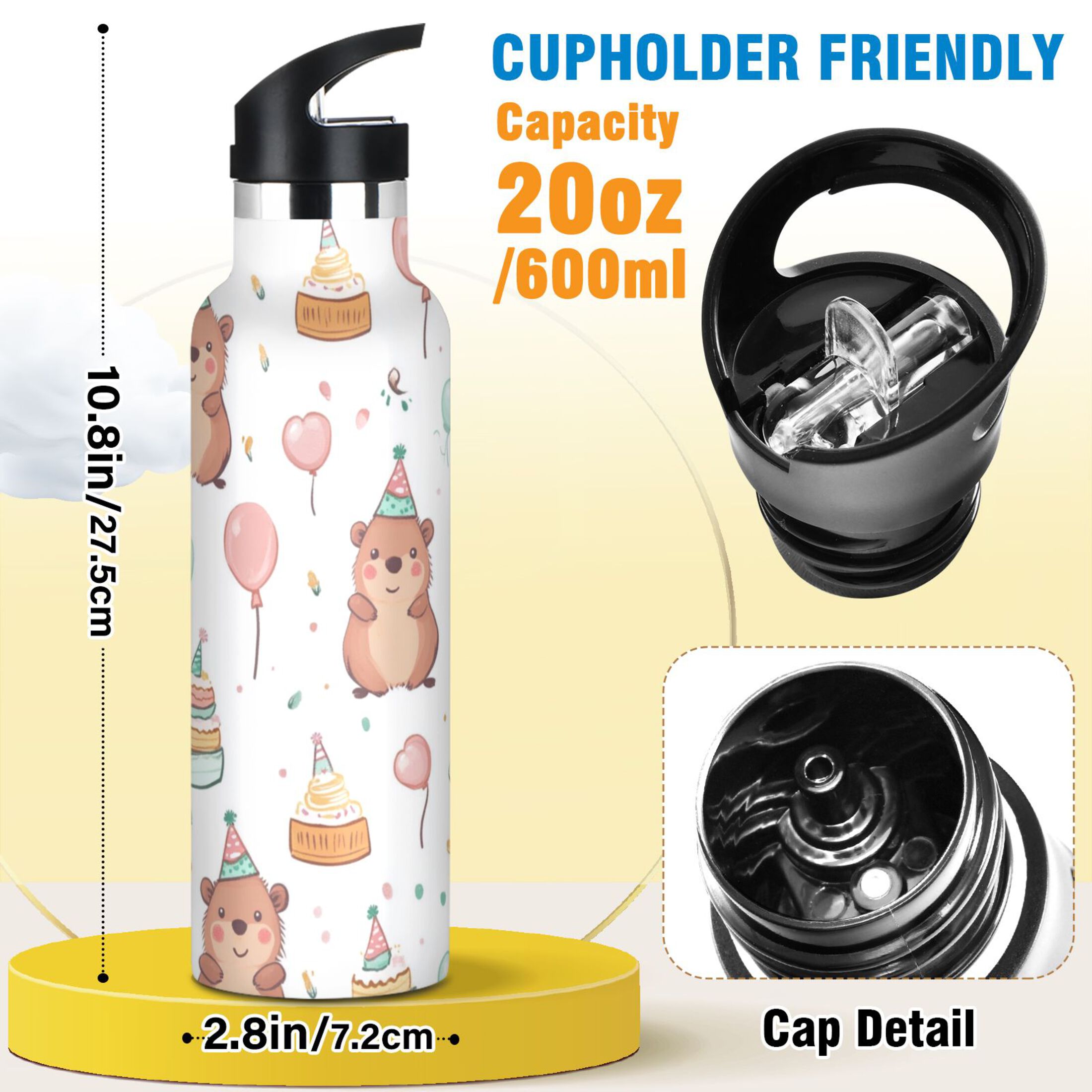 Kids Insulated Stainless Steel Sports Water Bottle 600ml (20oz) Capybara Wearing Party Hat