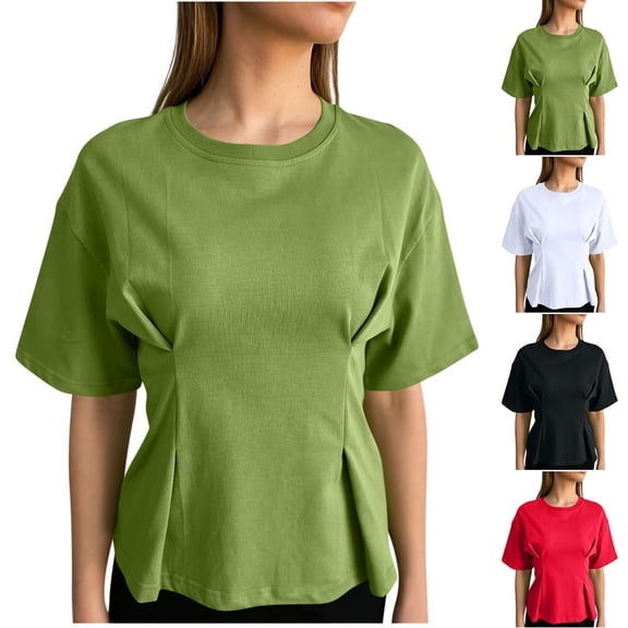 Pounoo Women's T-Shirts Short Sleeve Crew Neck Cinched Waist Tops Casual Daily Wear Soft Fabric Relaxed Fit Shirts