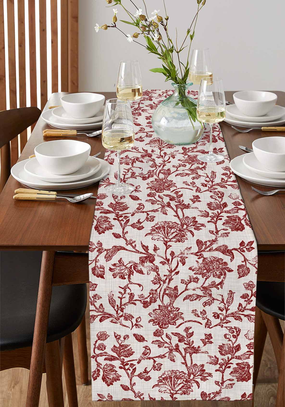 Farmhouse Red Burlap Cotton Table Runner 13x90 Inches Long, Vintage Flower Leaf Botanical Plant Farmhouse Table Runners, Outdoor Dining Tablecloths Decor for Baby Shower/Party/Wedding