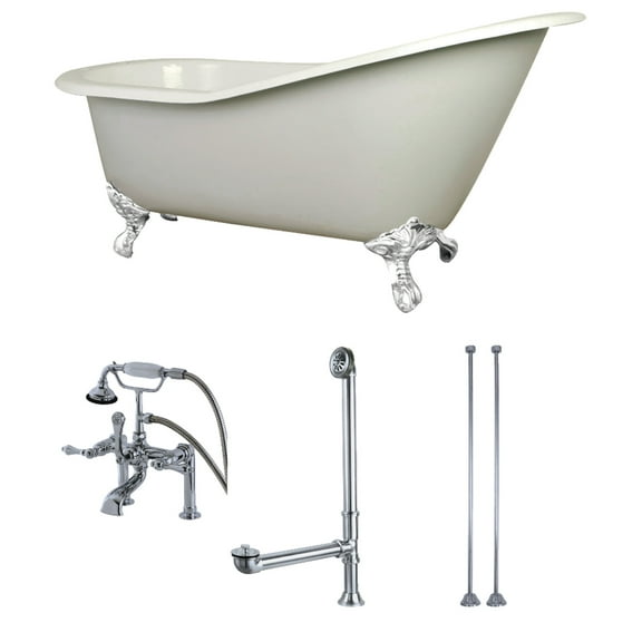 Aqua Eden KCT7D653129CW 62-Inch Cast Iron Single Slipper Clawfoot Tub Combo with Faucet and Supply Lines, White