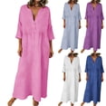 thumbnail image 2 of gakvbuo Summer Linen Dress For Women Maxi Dress T-Shirt Dress Women's Solid Color Loose Casual Linen Quarter Sleeve 3/4 Sleeve V-Neck Dress, 2 of 8