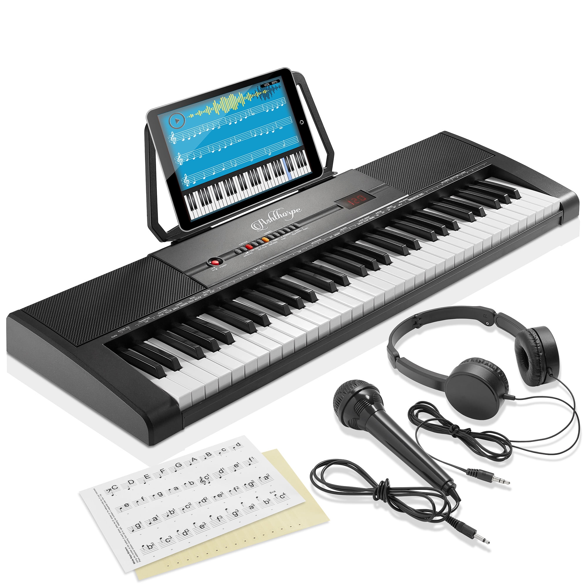 adherirse compromiso Reducción de precios Ashthorpe 61-Key Digital Electronic Keyboard Piano, Portable Beginner Kit  with Headphones, Microphone and Keynote Stickers - Walmart.com