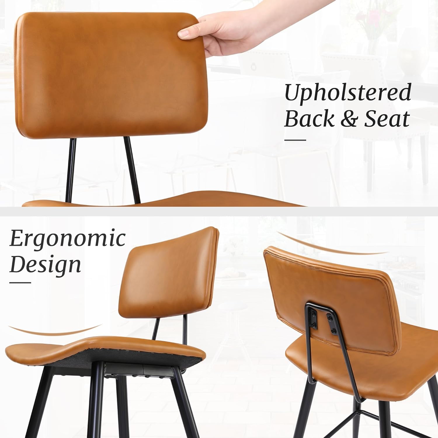 Dycanpo 24.5" Counter Height Bar Stools Set of 4, Faux Leather Upholstered Barstools, Brown